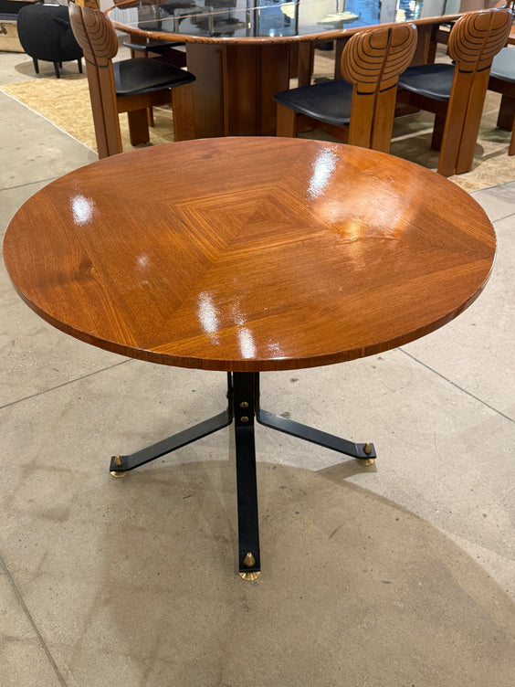 Carlo Ratti Geometric Walnut Round Table with Iron Base, Italy, 1950s