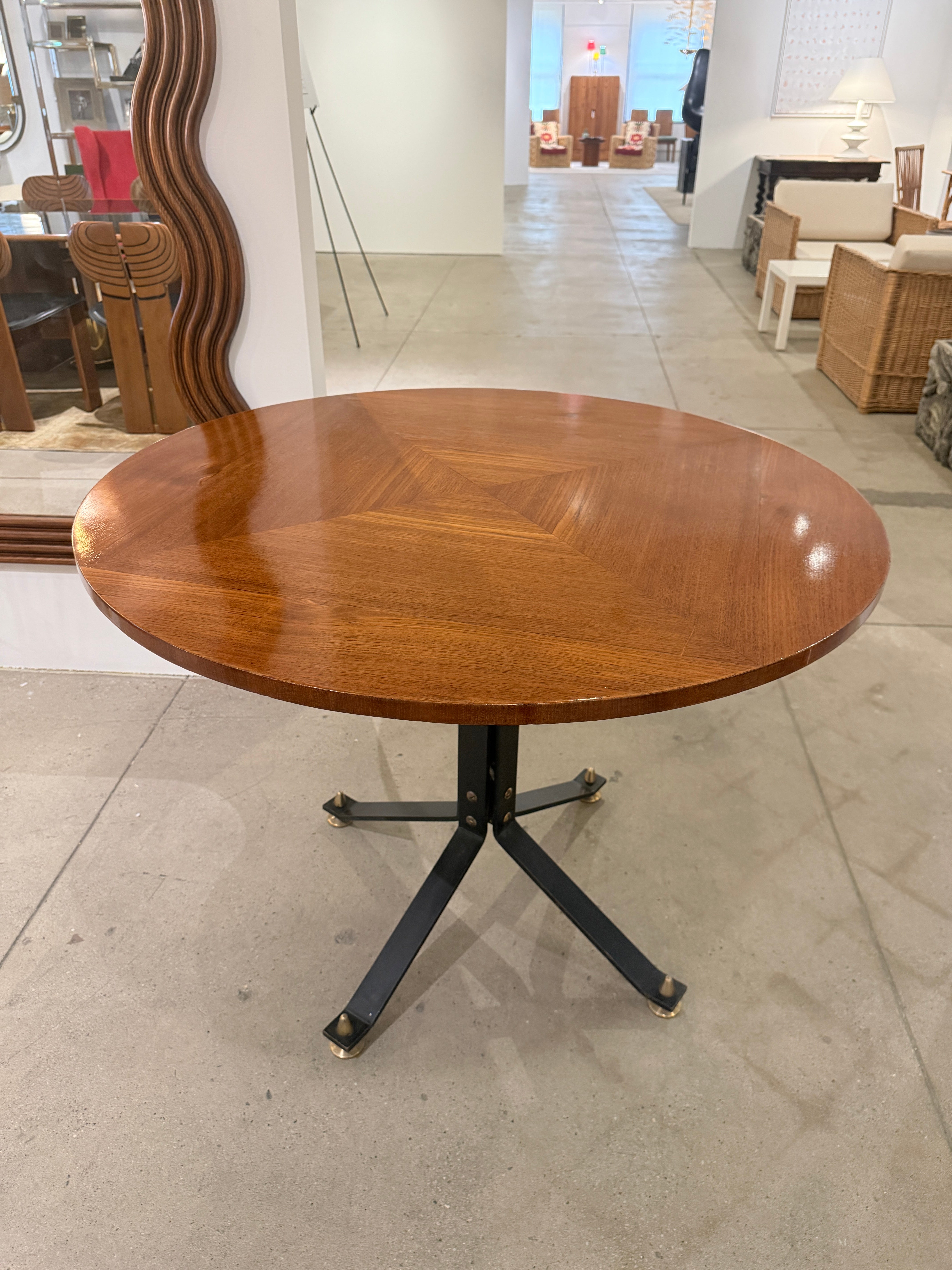 Carlo Ratti Geometric Walnut Round Table with Iron Base, Italy, 1950s