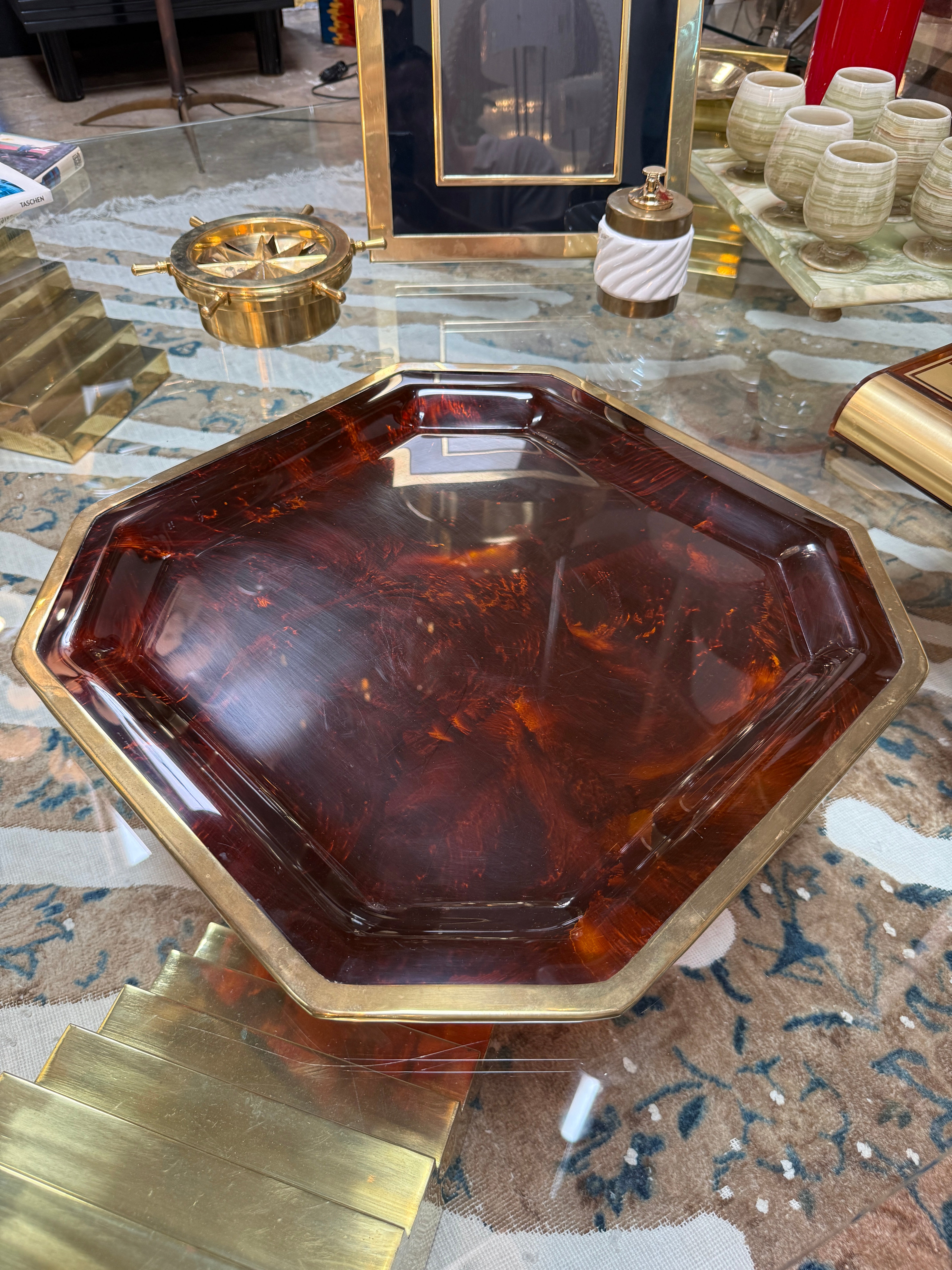 Vintage Octagonal Tortoiseshell-Style Serving Tray with Brass-Tone Rim