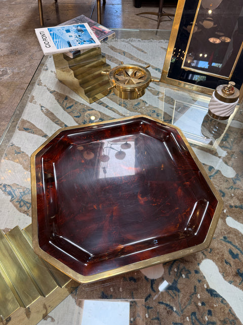 Vintage Octagonal Tortoiseshell-Style Serving Tray with Brass-Tone Rim