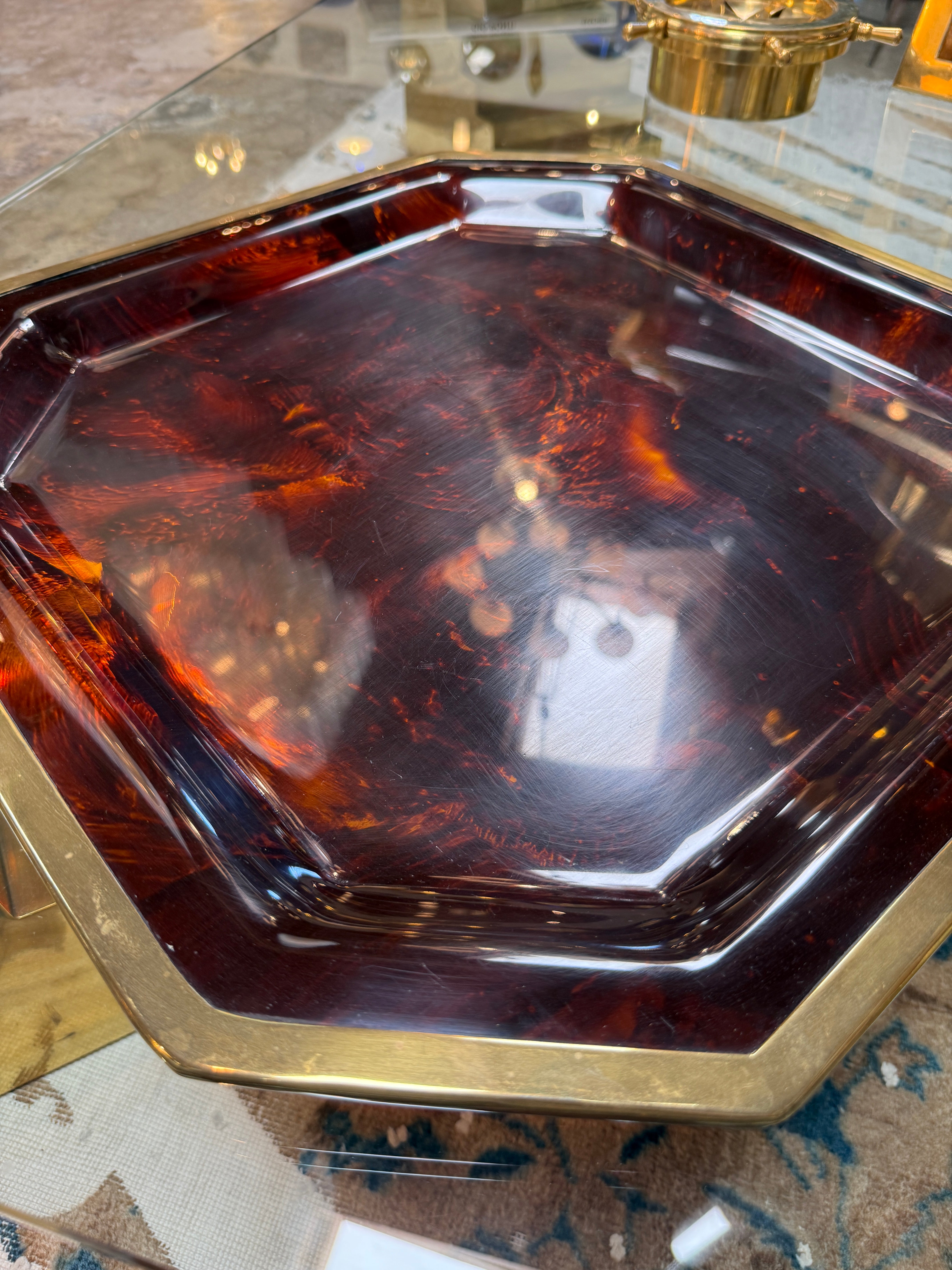 Vintage Octagonal Tortoiseshell-Style Serving Tray with Brass-Tone Rim