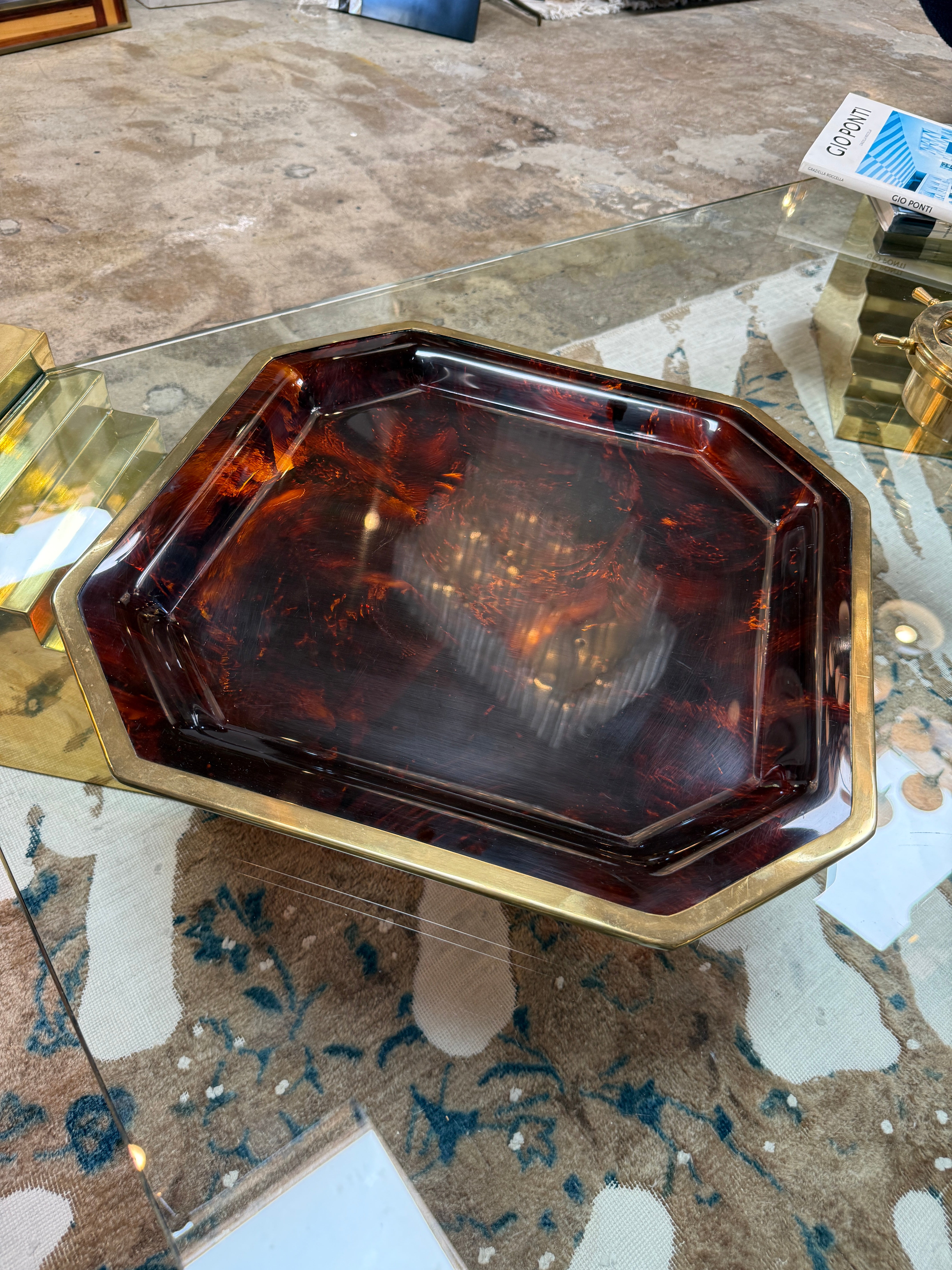 Vintage Octagonal Tortoiseshell-Style Serving Tray with Brass-Tone Rim