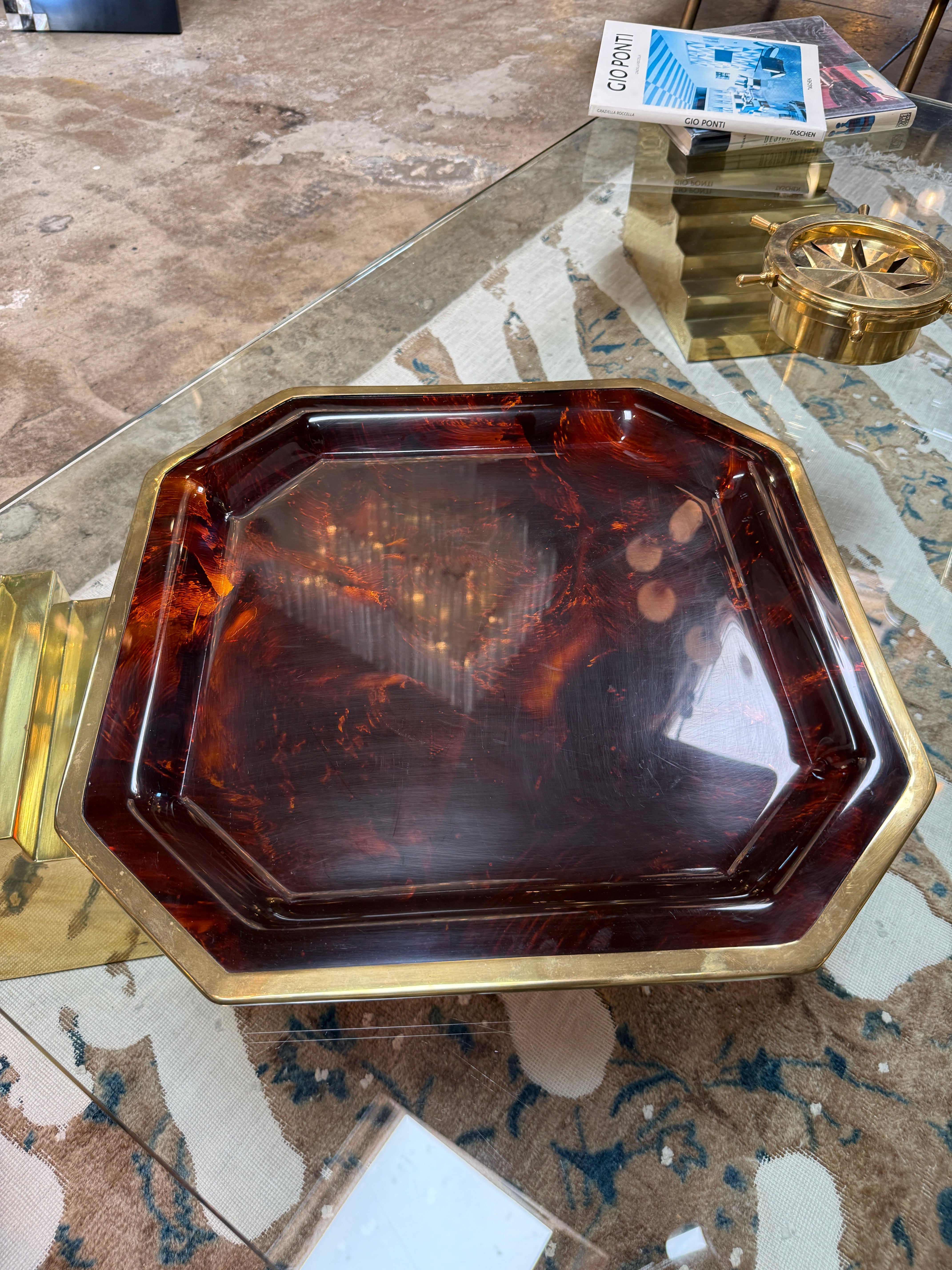 Vintage Octagonal Tortoiseshell-Style Serving Tray with Brass-Tone Rim