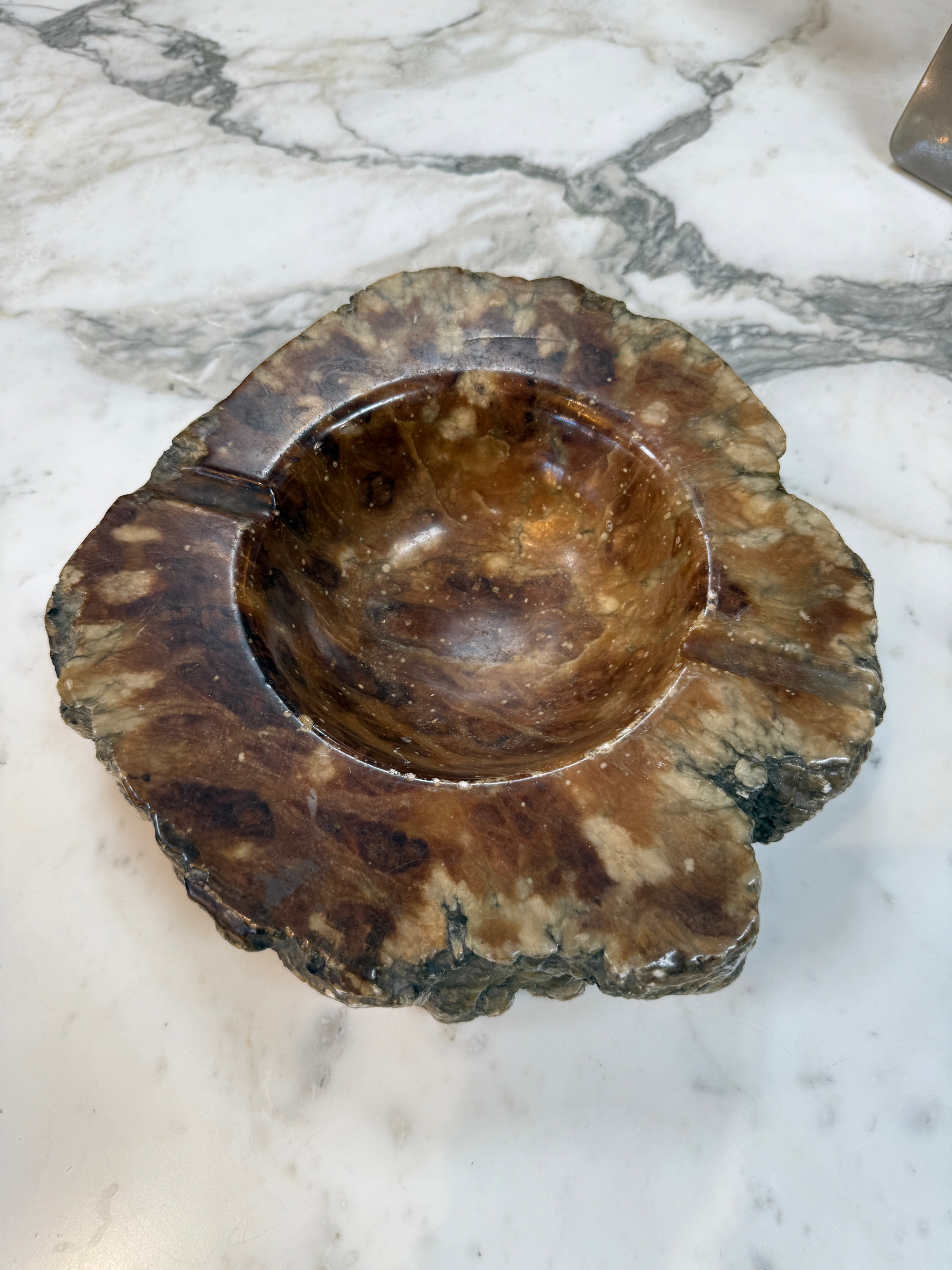 Natural Brown Marble Ashtray – Polished Stone Bowl with Rustic Raw Edge