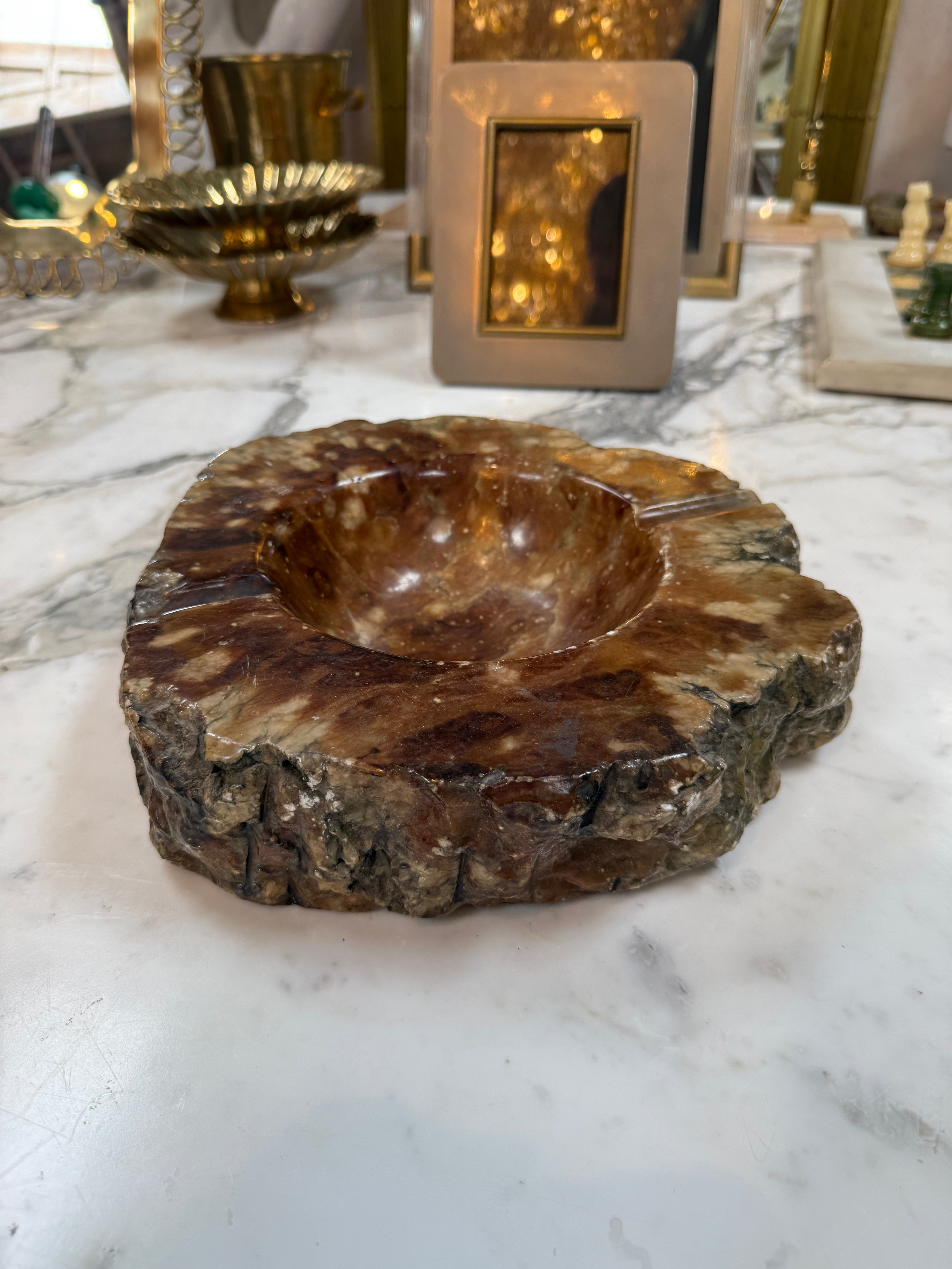 Natural Brown Marble Ashtray – Polished Stone Bowl with Rustic Raw Edge