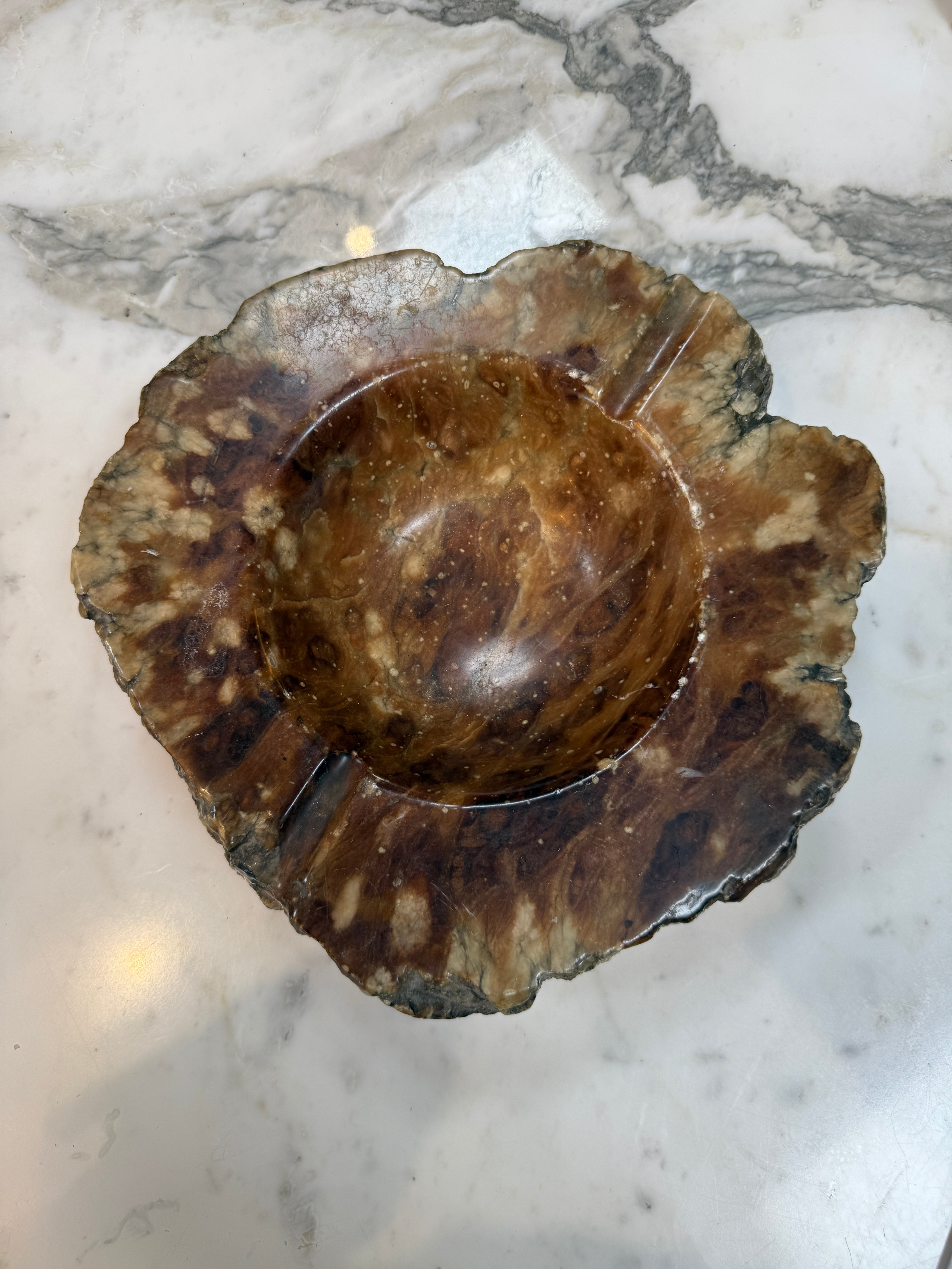 Natural Brown Marble Ashtray – Polished Stone Bowl with Rustic Raw Edge
