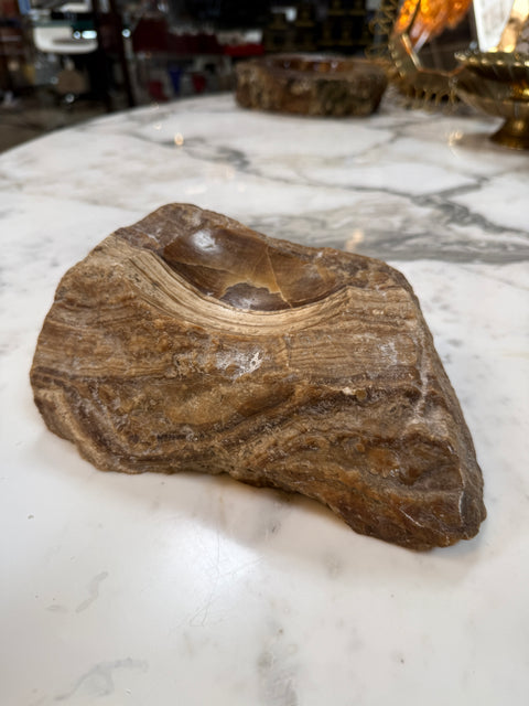 Vintage Hand-Carved Brown Marble Ashtray – Natural Raw-Edge Stone