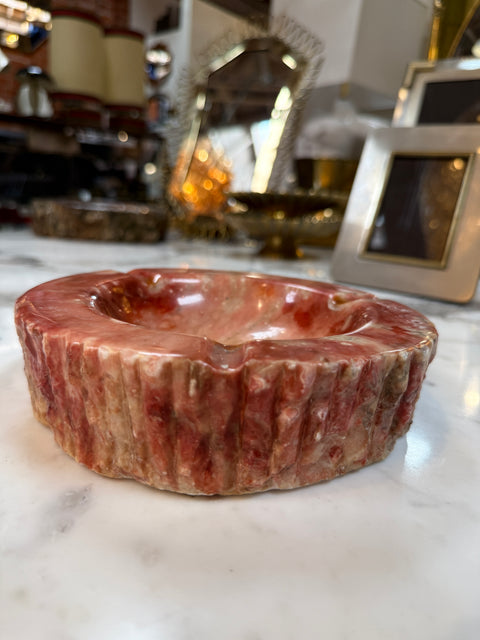 Vintage Pink Marble Ashtray – Carved Stone with Rustic Textured Edge