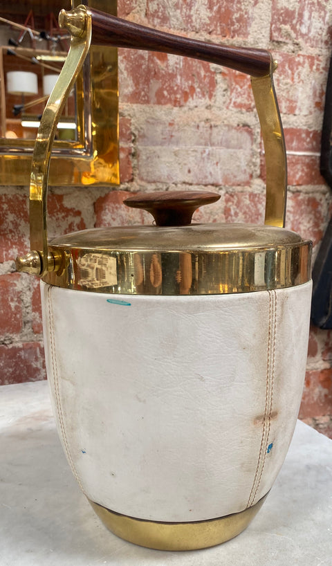 1970s Italian Brass and White Leather Ice Bucket with Rosewood Handle