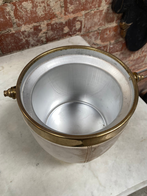 1970s Italian Brass and White Leather Ice Bucket with Rosewood Handle