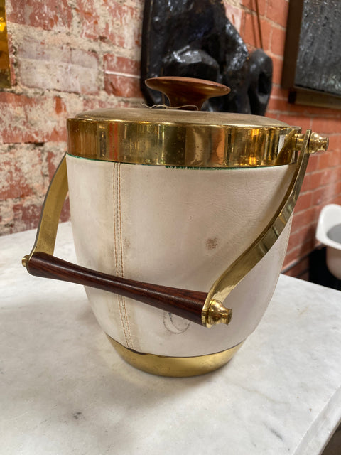 1970s Italian Brass and White Leather Ice Bucket with Rosewood Handle