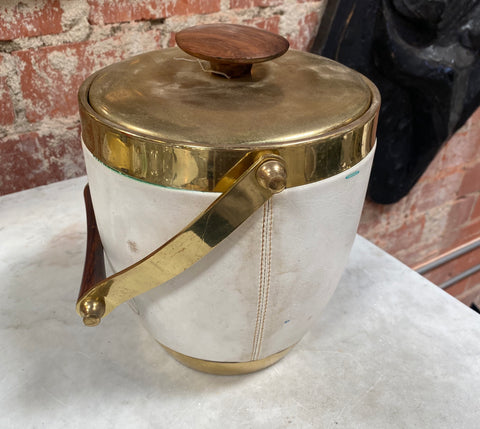 1970s Italian Brass and White Leather Ice Bucket with Rosewood Handle