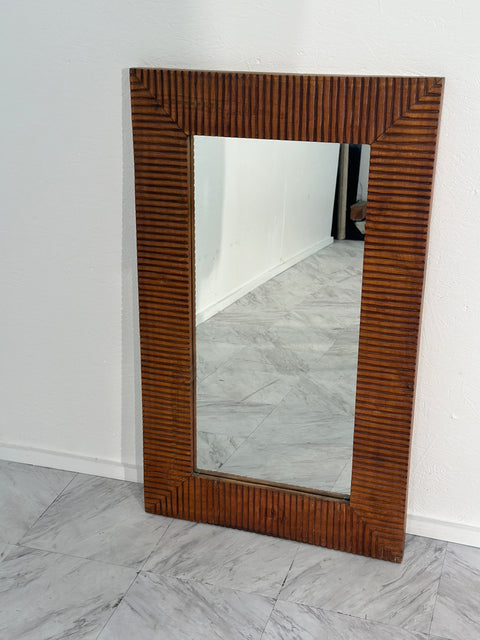 Vintage Unique Rectangular Wood Wall Mirror 1980s