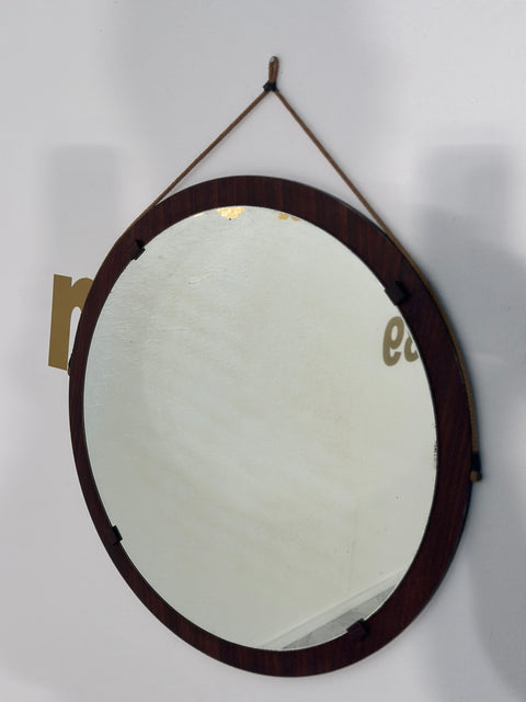 Vintage Italian Wood Round Wall Mirror 1980