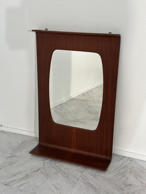 Vintage Italian  Rosewood Veneer Plywood Mirror with Lower Shelf 1960