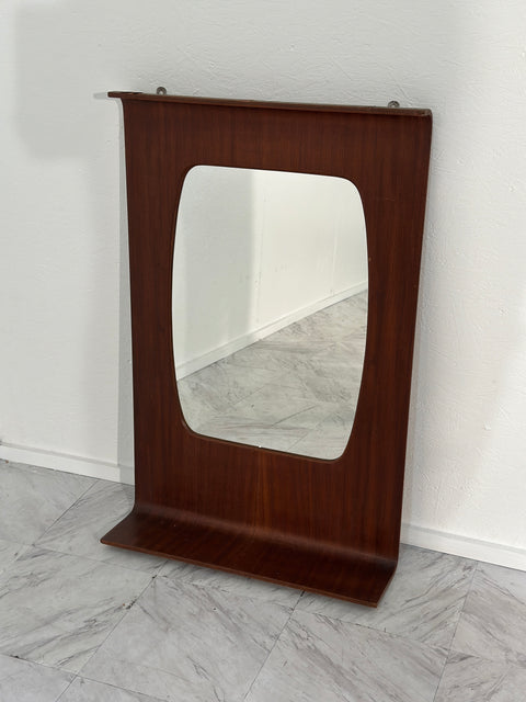 Vintage Italian  Rosewood Veneer Plywood Mirror with Lower Shelf 1960
