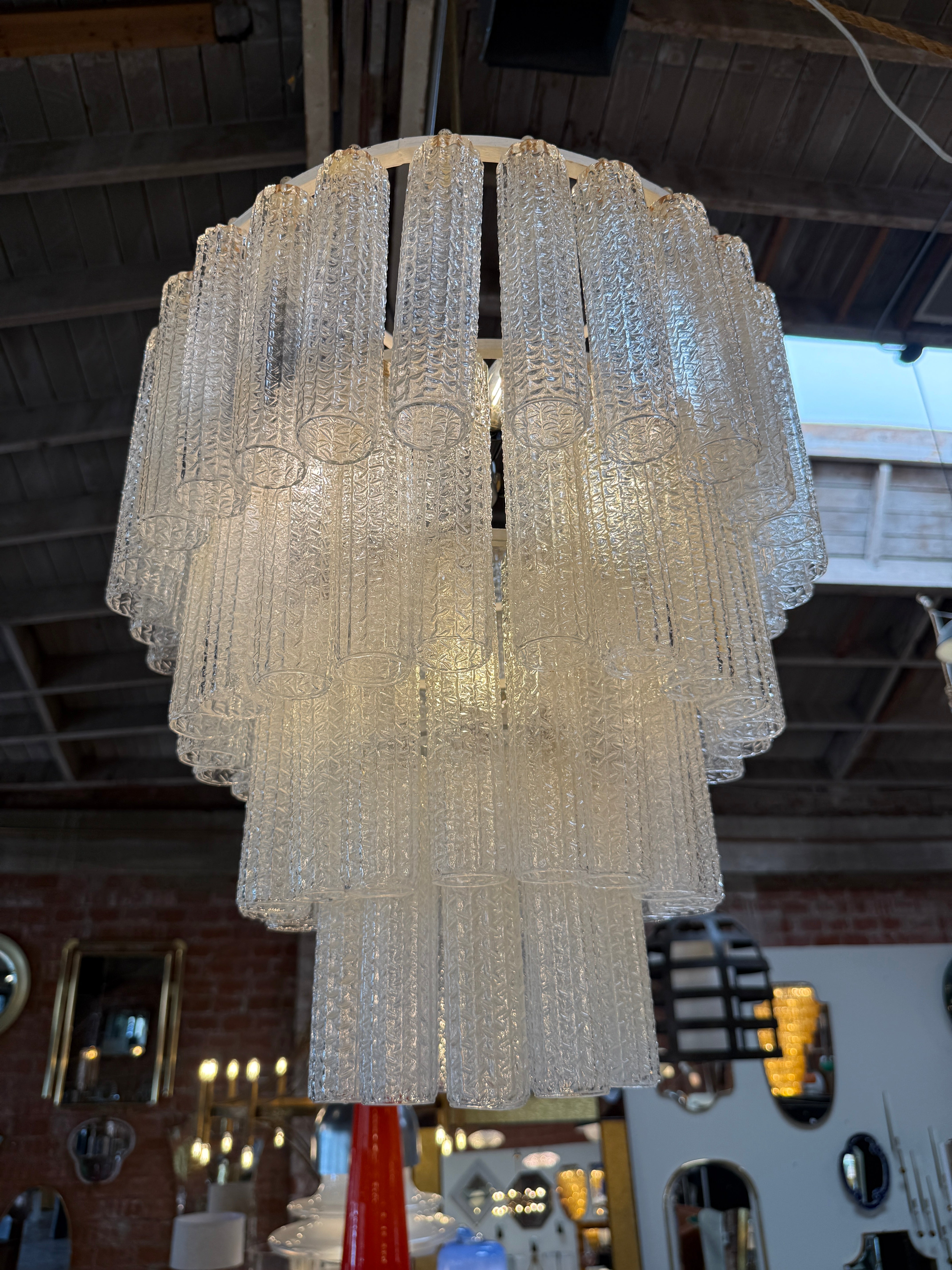 Tiered Textured Murano Glass and Brass Chandelier, 1970s