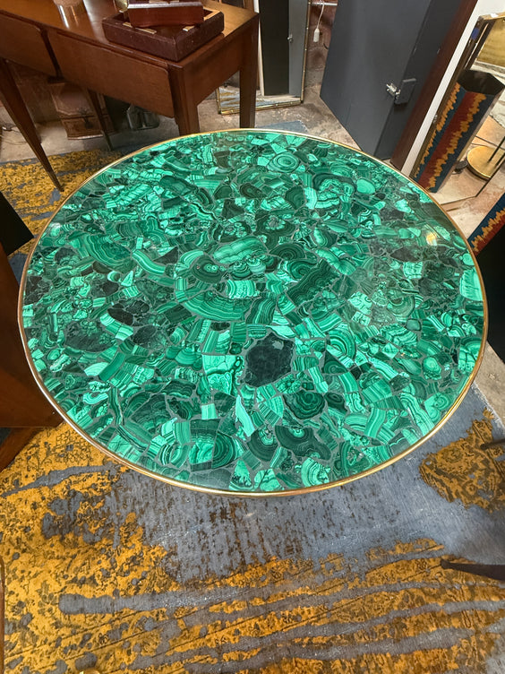 Contemporary Round Malachite Stone Top Dining Table with Solid Brass Base