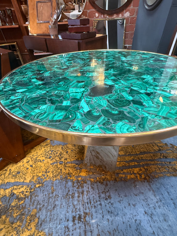 Contemporary Round Malachite Stone Top Dining Table with Solid Brass Base