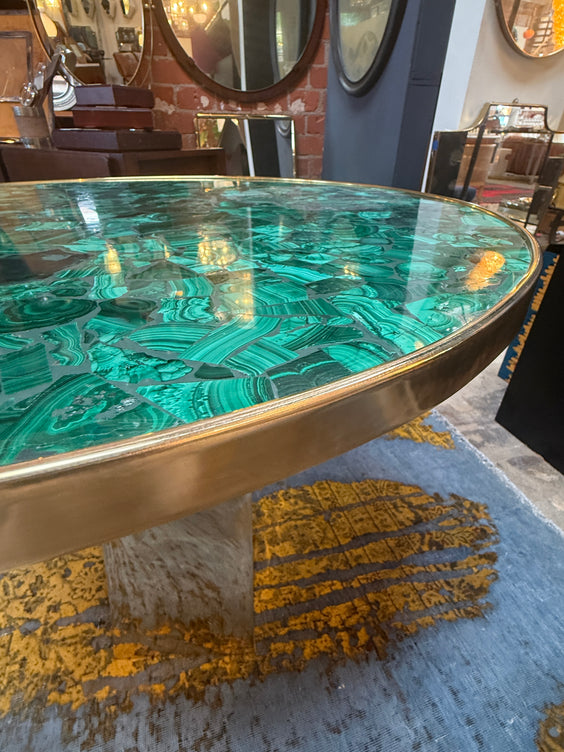 Contemporary Round Malachite Stone Top Dining Table with Solid Brass Base