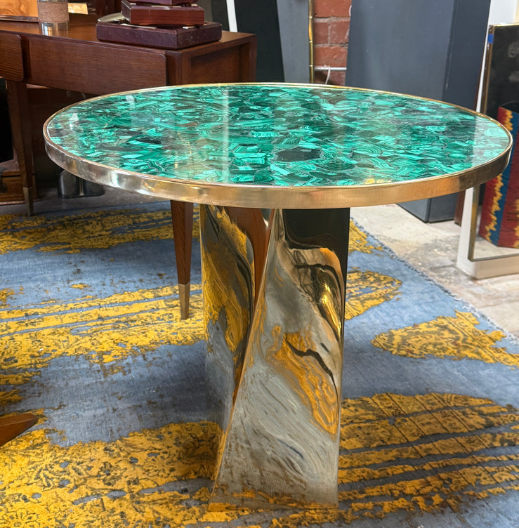 Contemporary Round Malachite Stone Top Dining Table with Solid Brass Base