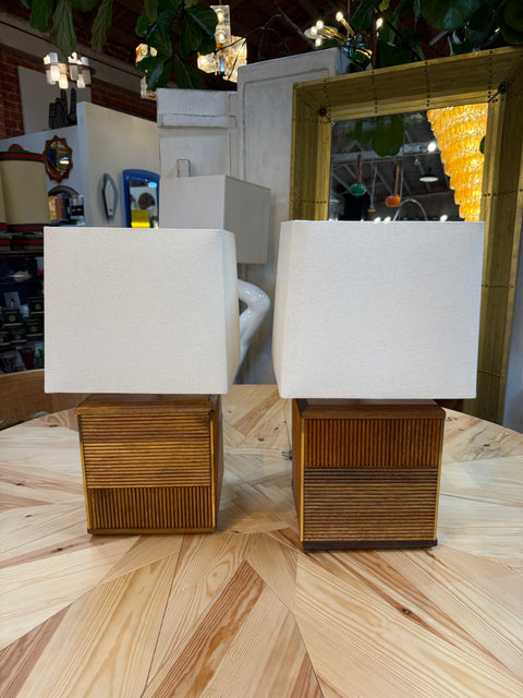 Pair of Italian Reeded Wood Table Lamps