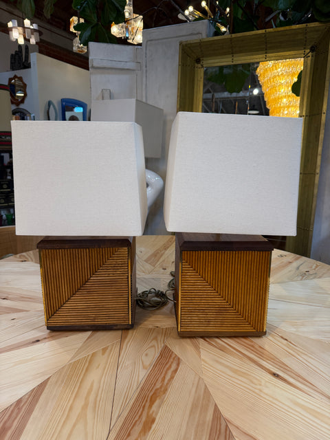 Pair of Italian Reeded Wood Table Lamps