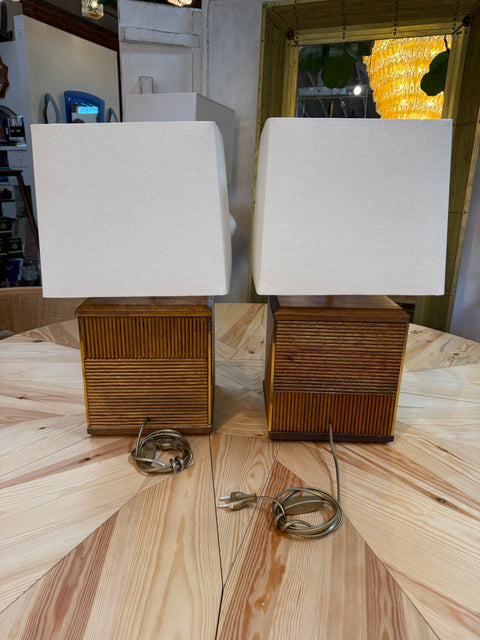 Pair of Italian Reeded Wood Table Lamps