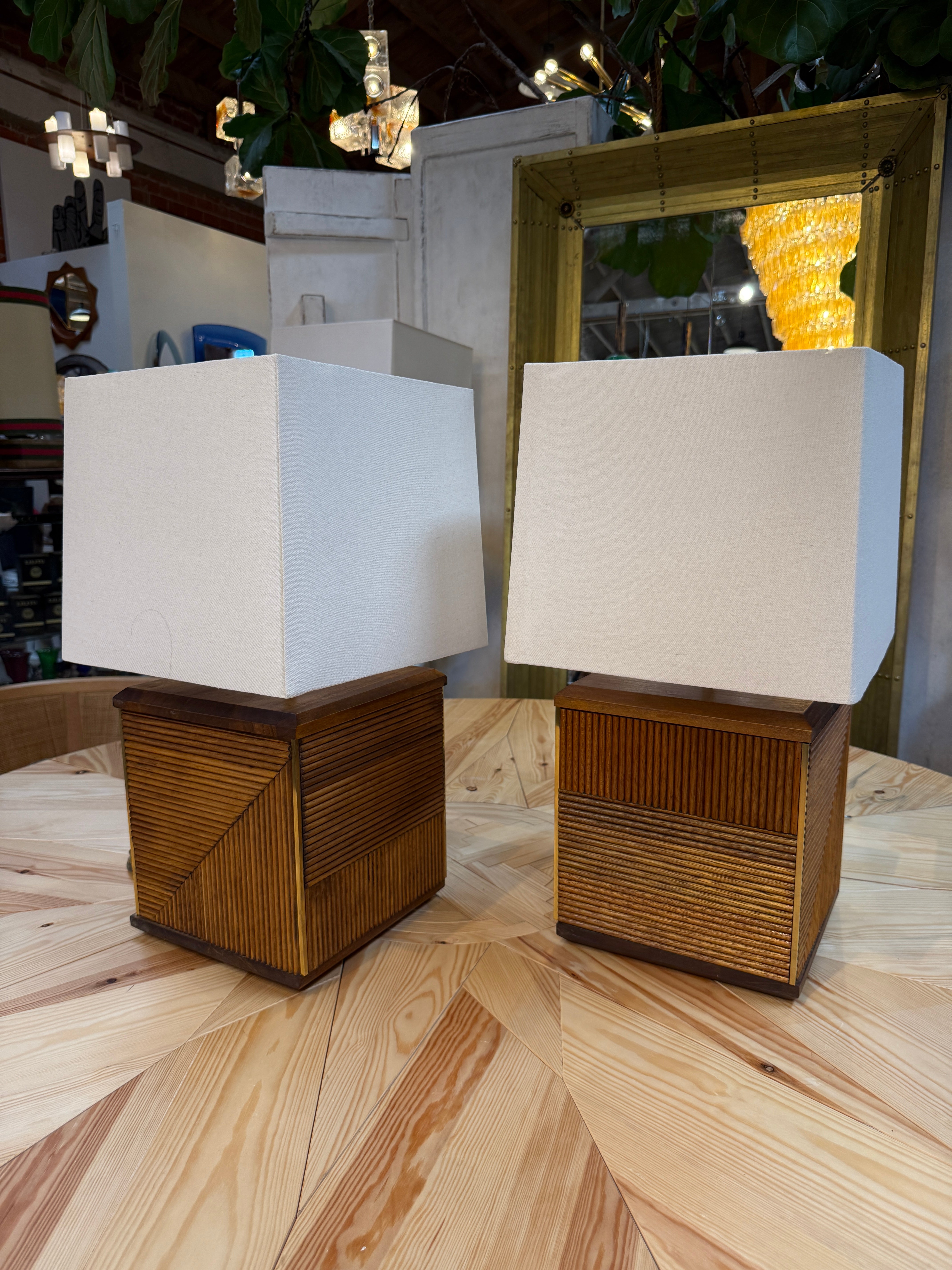 Pair of Italian Reeded Wood Table Lamps