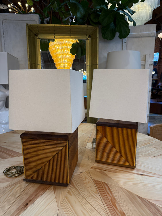Pair of Italian Reeded Wood Table Lamps