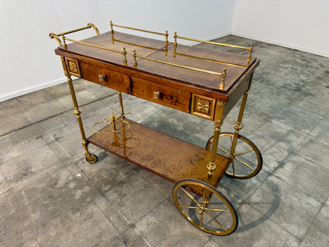 Italian Burl Wood and Brass Bar Cart, 1950s