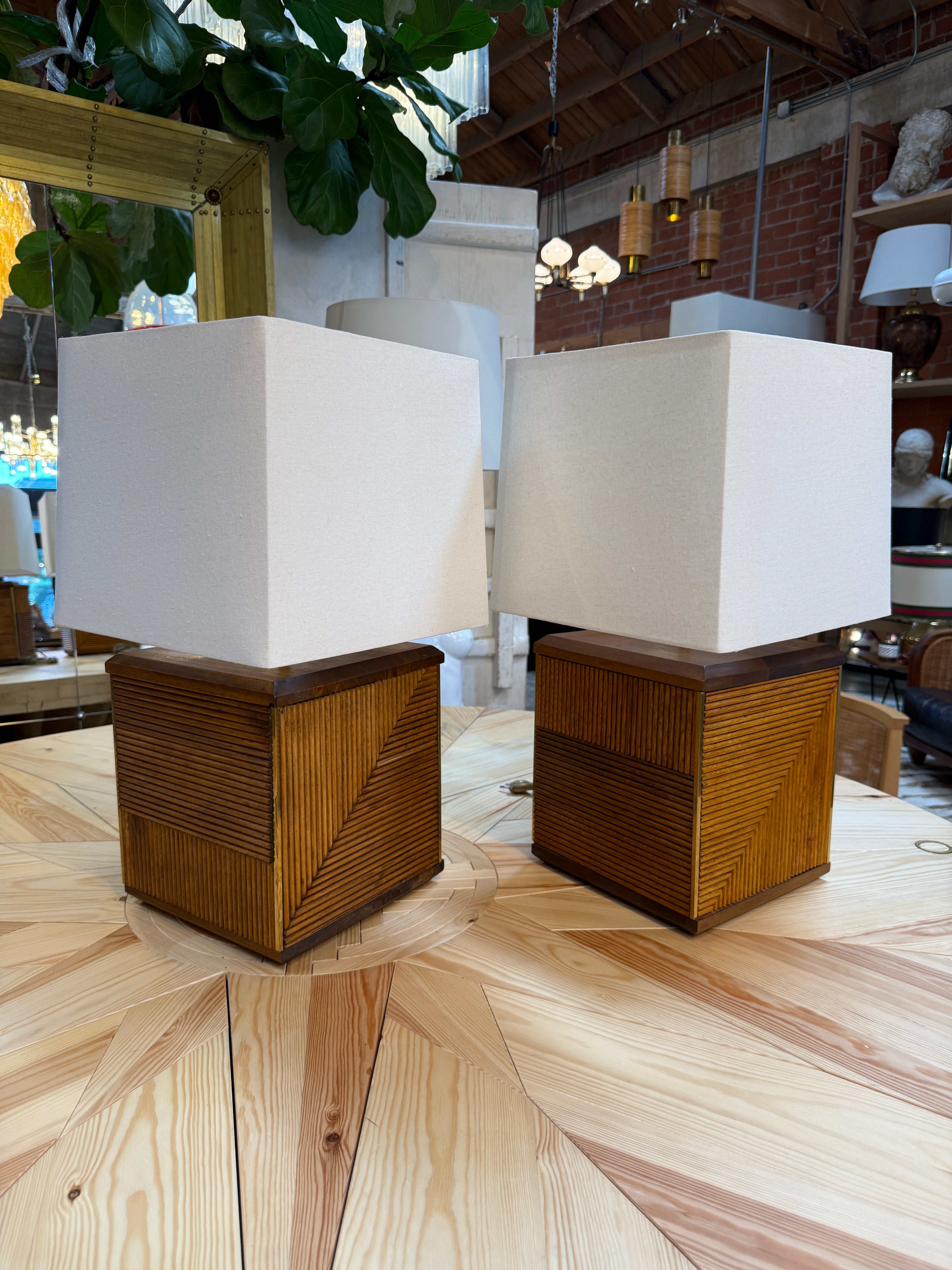 Pair of Italian Reeded Wood Table Lamps