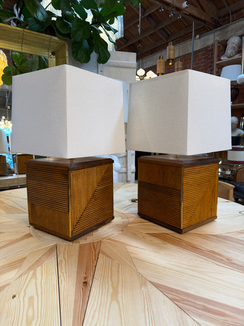 Pair of Italian Reeded Wood Table Lamps
