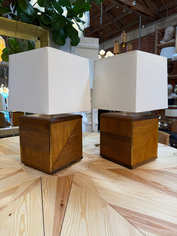 Pair of Italian Reeded Wood Table Lamps
