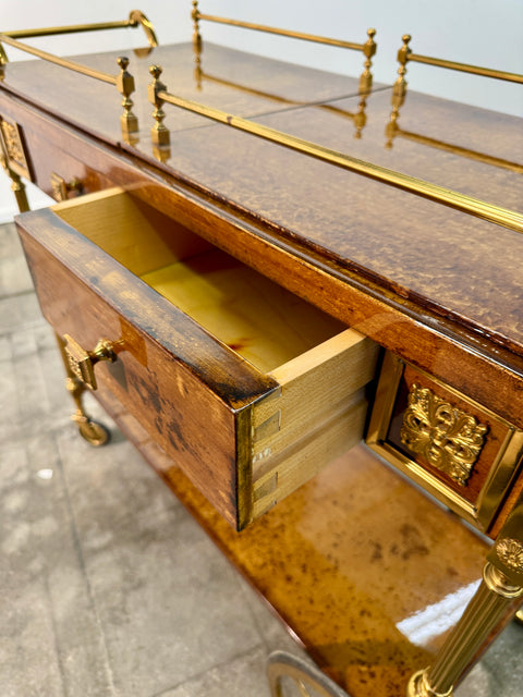 Italian Burl Wood and Brass Bar Cart, 1950s