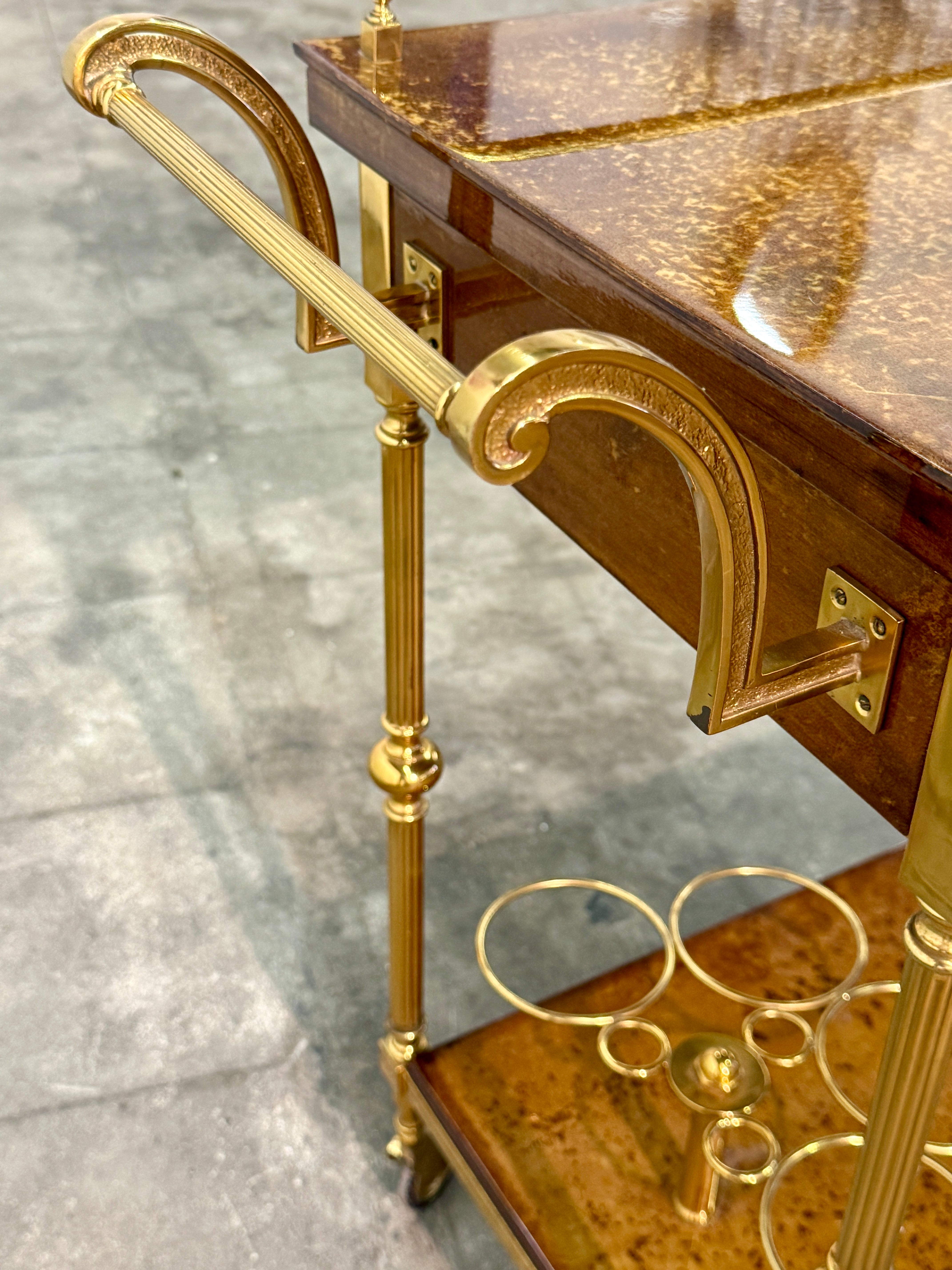Italian Burl Wood and Brass Bar Cart, 1950s