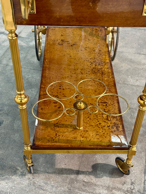 Italian Burl Wood and Brass Bar Cart, 1950s