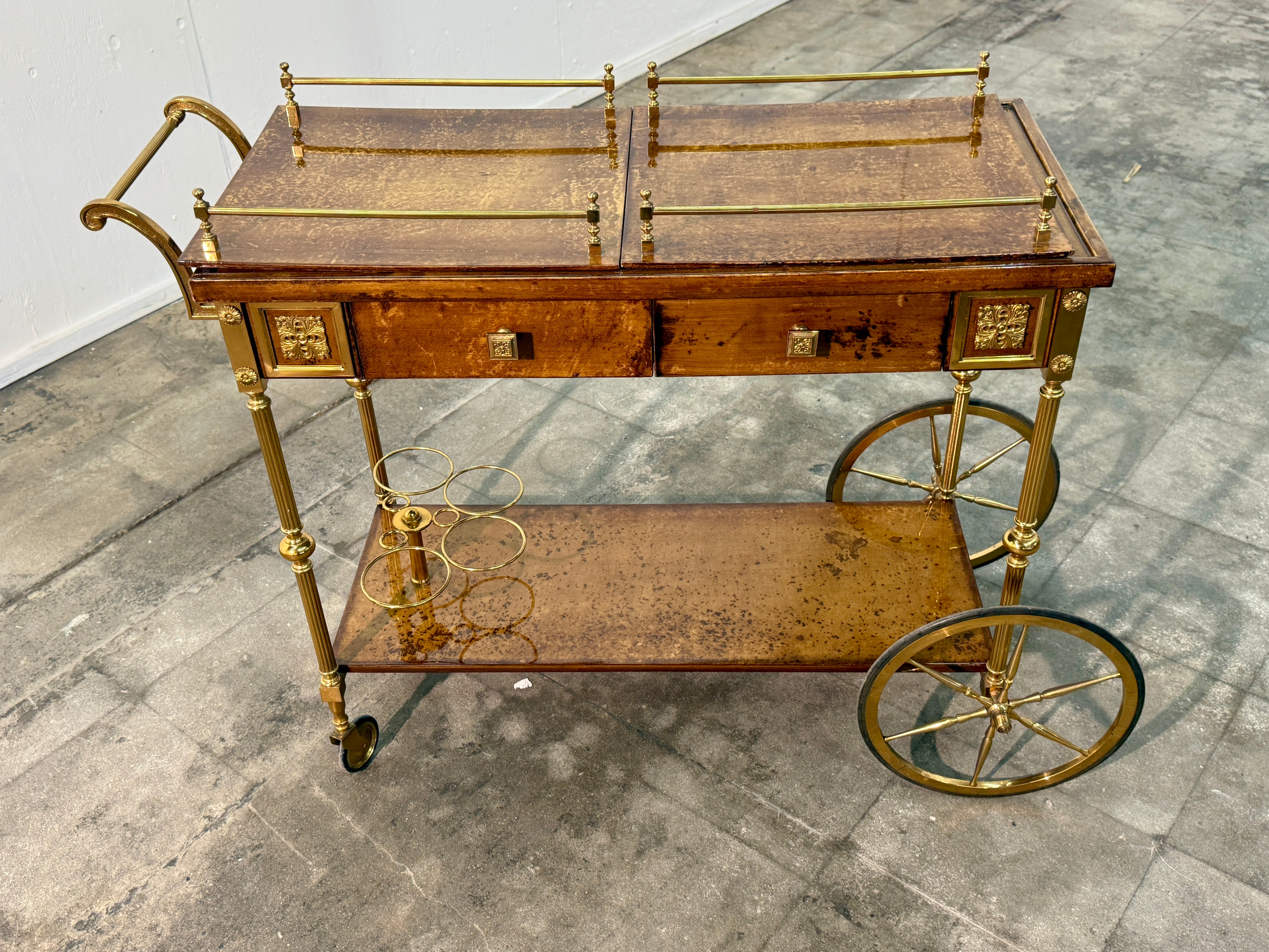 Italian Burl Wood and Brass Bar Cart, 1950s