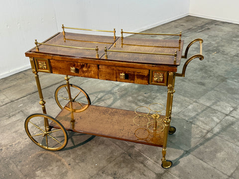 Italian Burl Wood and Brass Bar Cart, 1950s