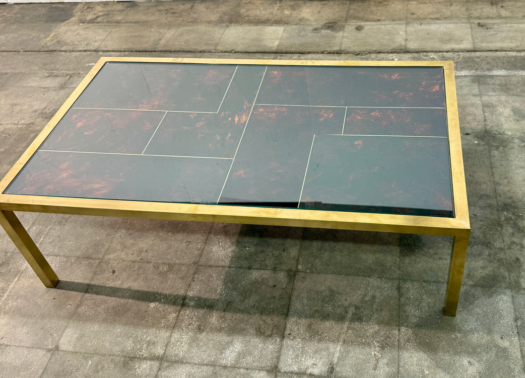 Italian Mid-Century Brass and Tortoiseshell-Style Coffee Table, 1970s