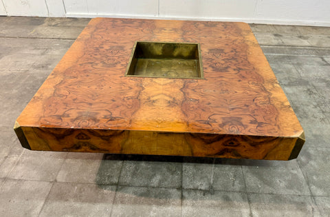 Willy Rizzo Burl Wood and Brass Coffee Table, Italy, 1970s