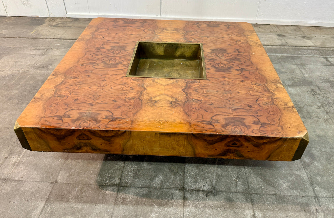 Willy Rizzo Burl Wood and Brass Coffee Table, Italy, 1970s