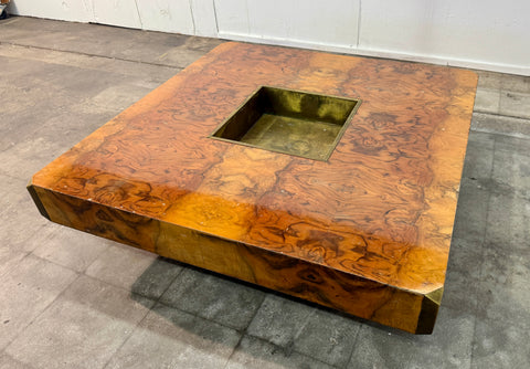 Willy Rizzo Burl Wood and Brass Coffee Table, Italy, 1970s