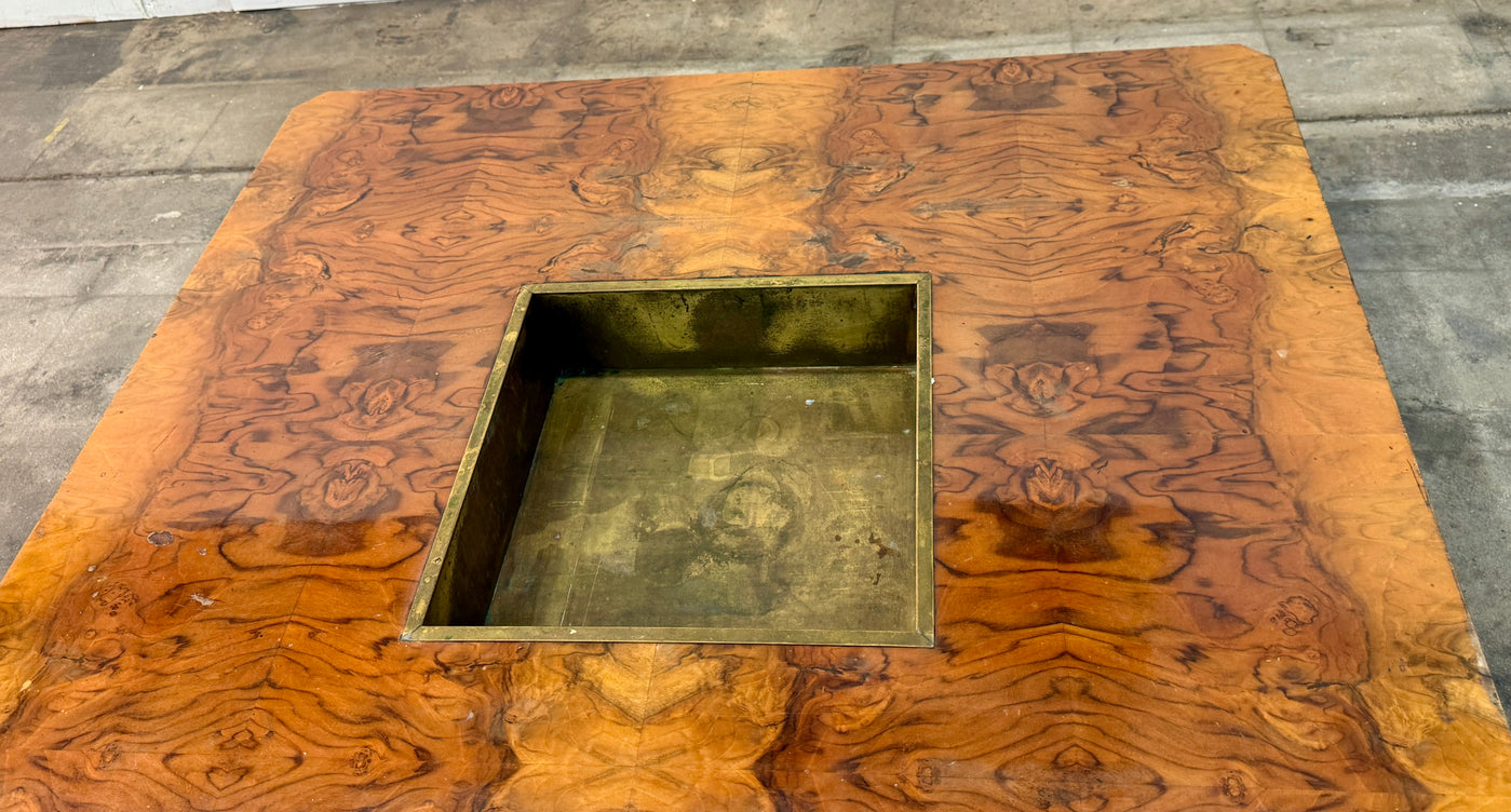Willy Rizzo Burl Wood and Brass Coffee Table, Italy, 1970s