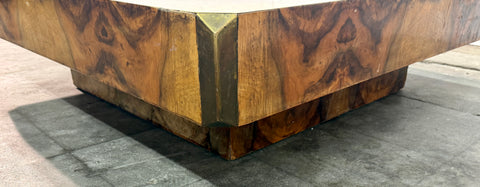 Willy Rizzo Burl Wood and Brass Coffee Table, Italy, 1970s