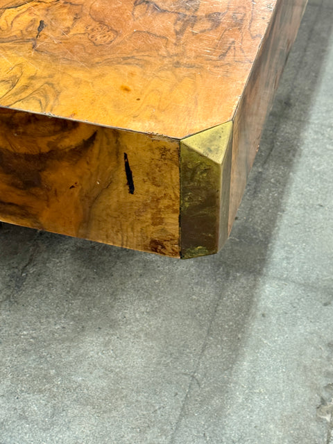 Willy Rizzo Burl Wood and Brass Coffee Table, Italy, 1970s