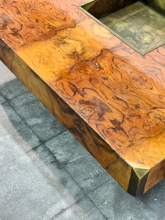 Willy Rizzo Burl Wood and Brass Coffee Table, Italy, 1970s