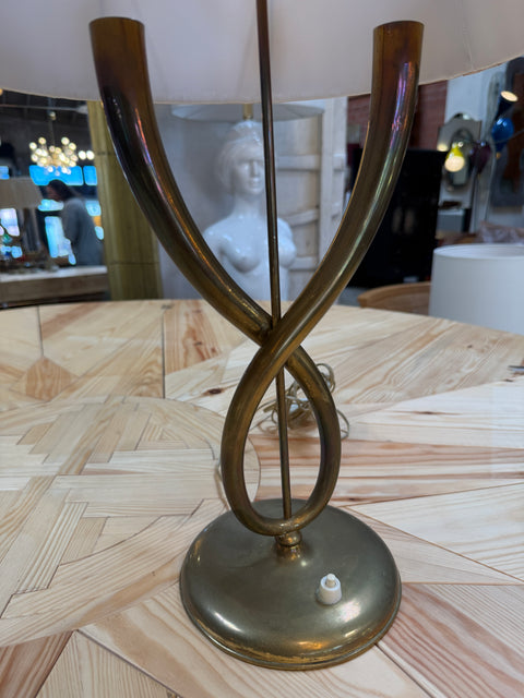 Italian Brass Table Lamp with Twisted Loop Base and Pleated Shade, 1950s