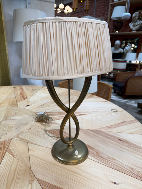 Italian Brass Table Lamp with Twisted Loop Base and Pleated Shade, 1950s