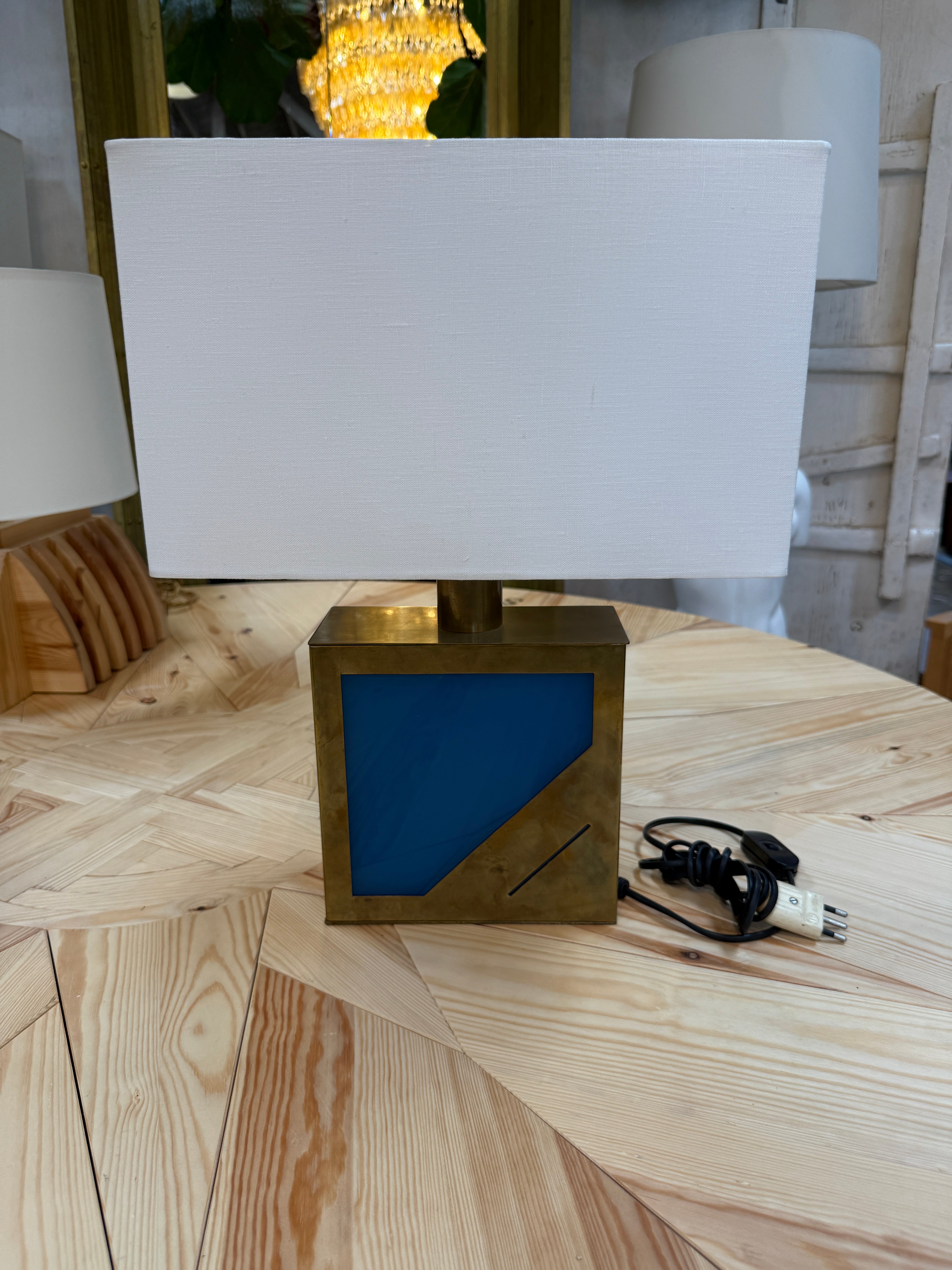 Brass Table Lamp with Blue Panel Base and Rectangular Linen Shade